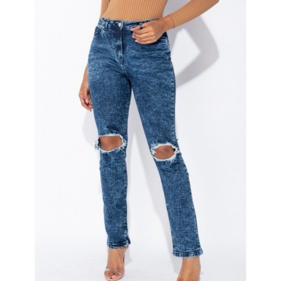 Blue Acid Wash High Waist Ripped Distressed Straight Leg Jeans Denim - Picture 11 of 13